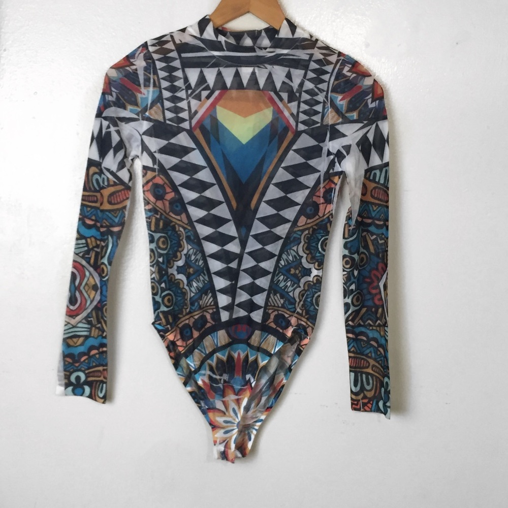 Sheer Aztec Multicolored Snap Bottom Bodysuit