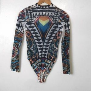Sheer Aztec Multicolored Snap Bottom Bodysuit