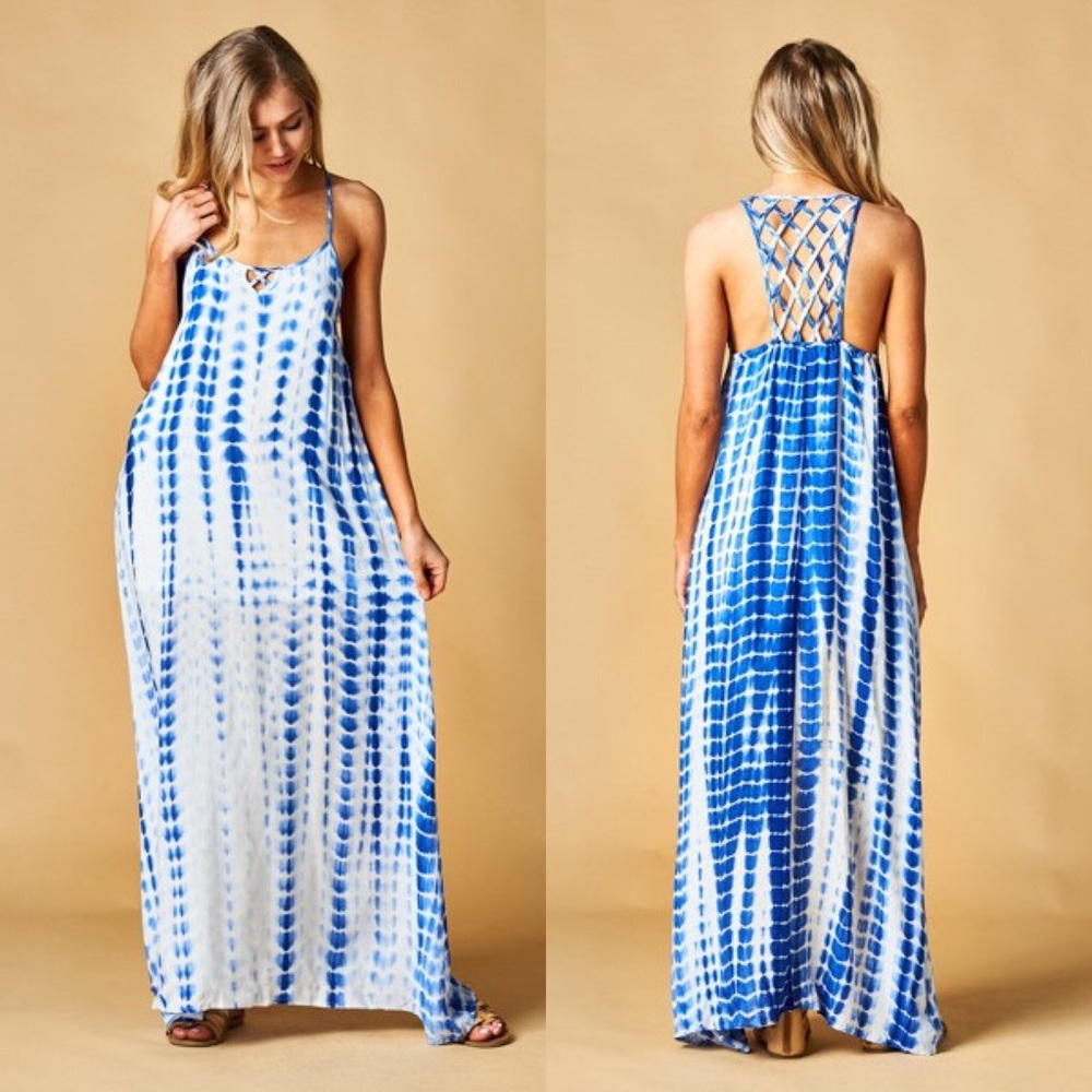 Tie Dye Dress with Cross Back- BLUE - Picture 1 of 5