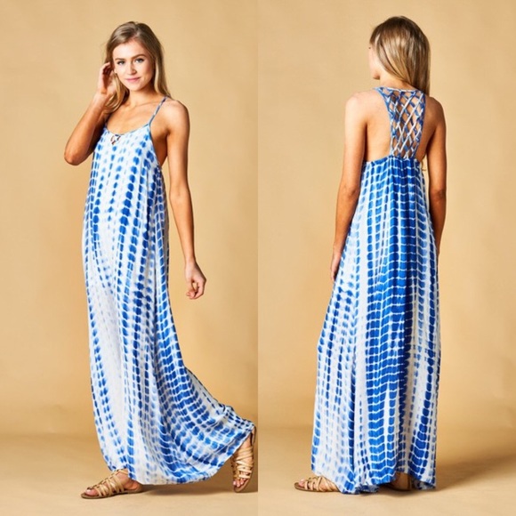 Tie Dye Dress with Cross Back- BLUE - Picture 2 of 5