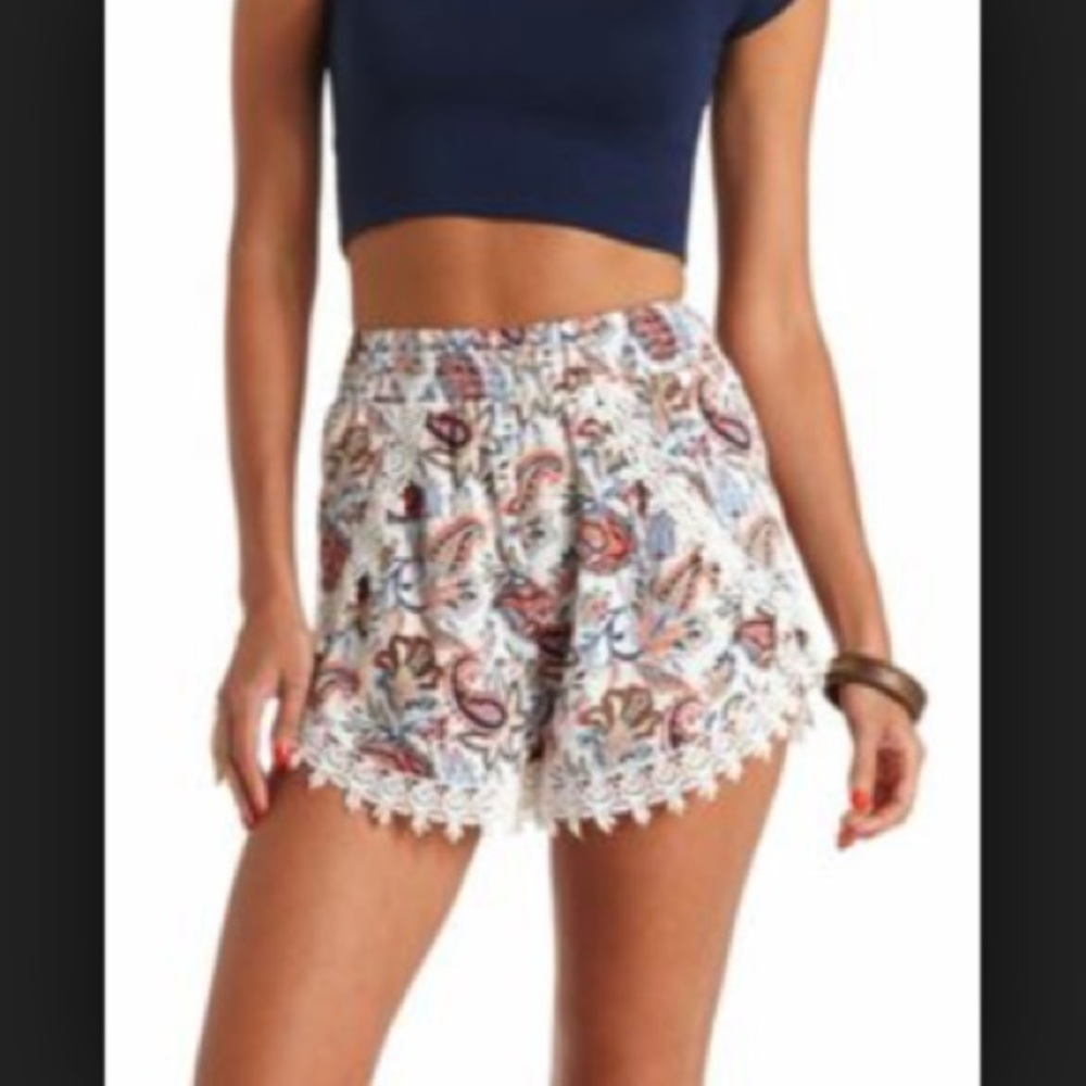 Printed Crochet Tulip High Waisted Shorts