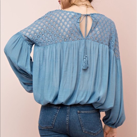 Blushing Blue Lace Crochet Sleeve Top - Picture 2 of 3
