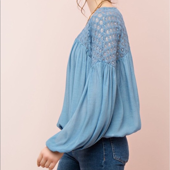 Blushing Blue Lace Crochet Sleeve Top - Picture 3 of 3