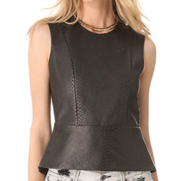 Mason Tops - Mason by Michelle Mason Black Leather Peplum Top