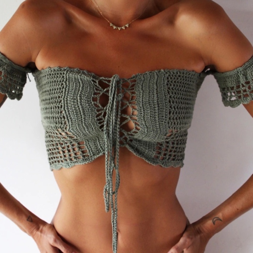 Olive crochet lace up top