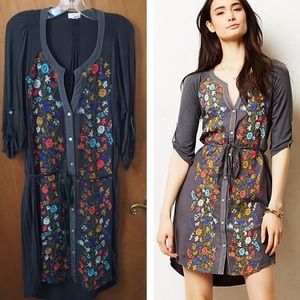 Anthropologie Gathered Vine Embroidered Shirtdress