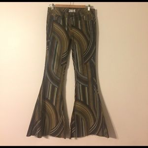 Free People pattern corduroy flare pants.