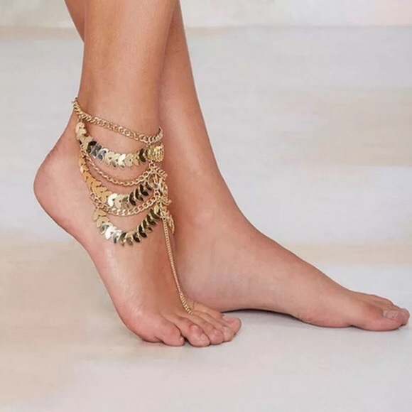 boho gold anklet barefoot sandal foot chain - Picture 3 of 5