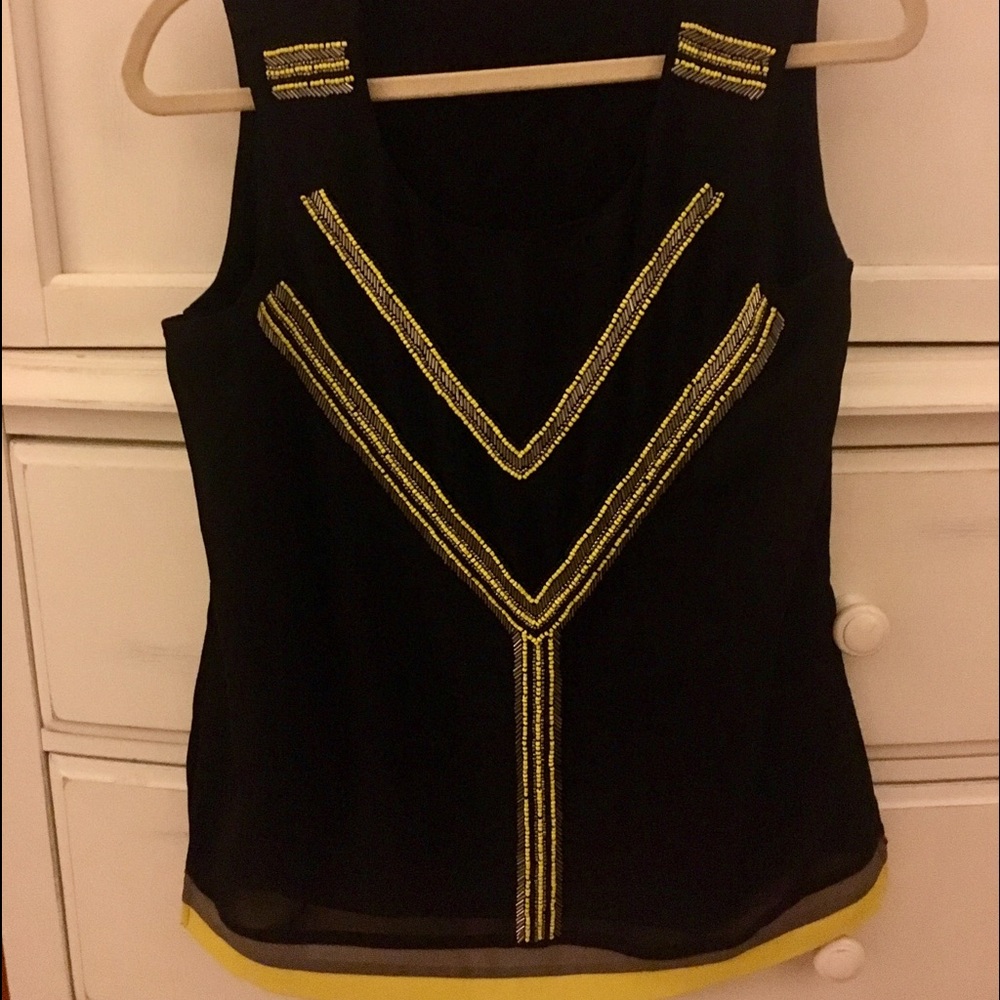 Black sheer top with yellow and silver beads