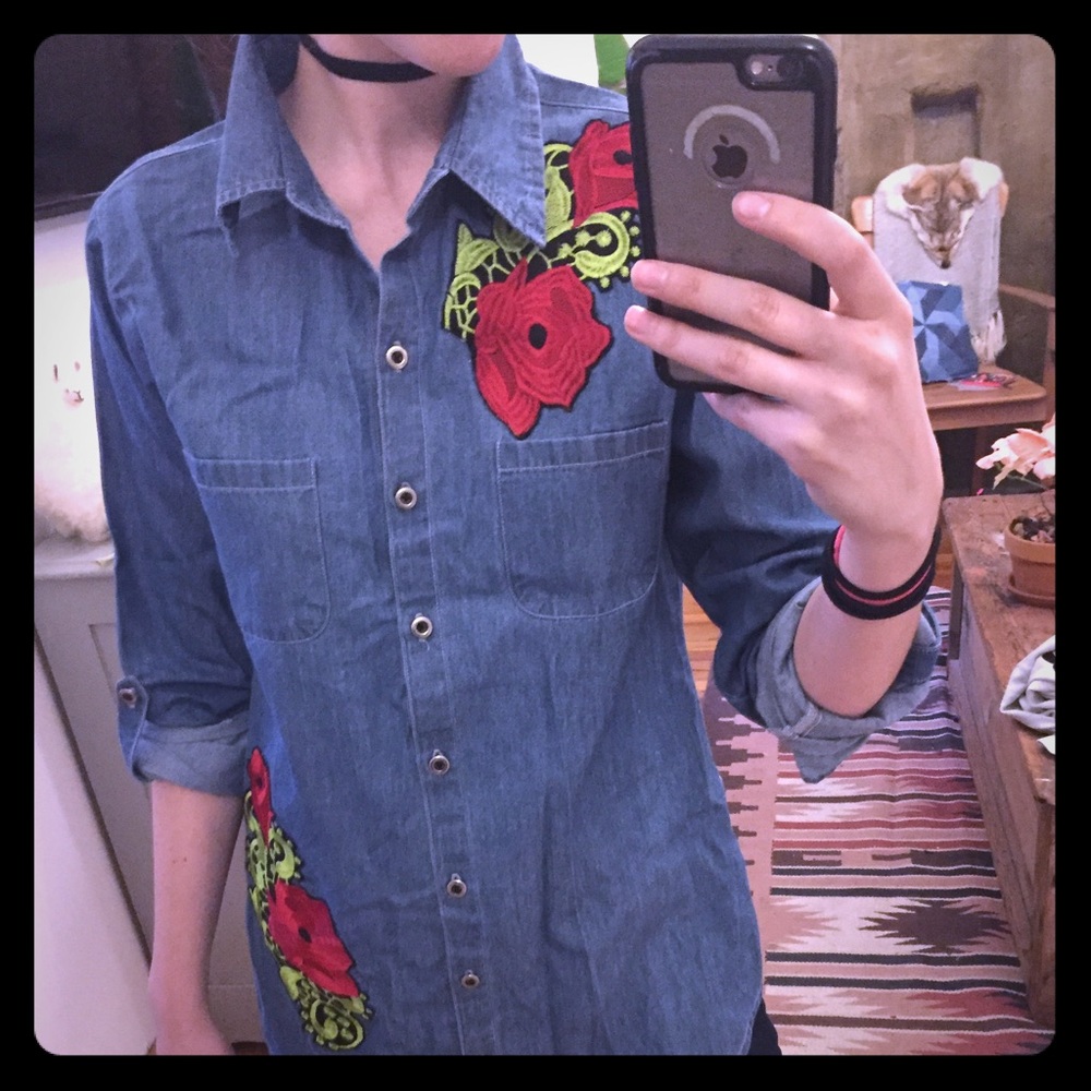 Denim button up with patches.