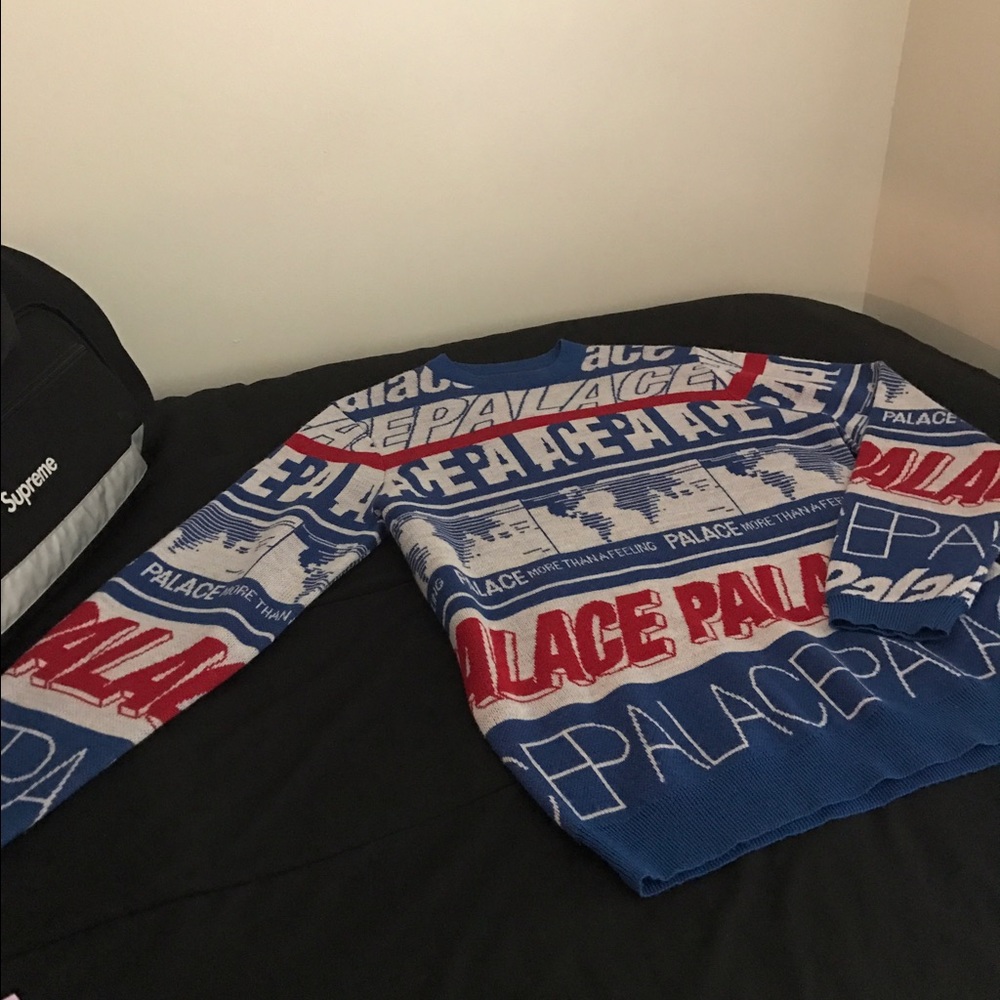 PALACE RED/WHITE/BLUE MULTI FONT KNIT SWEATER