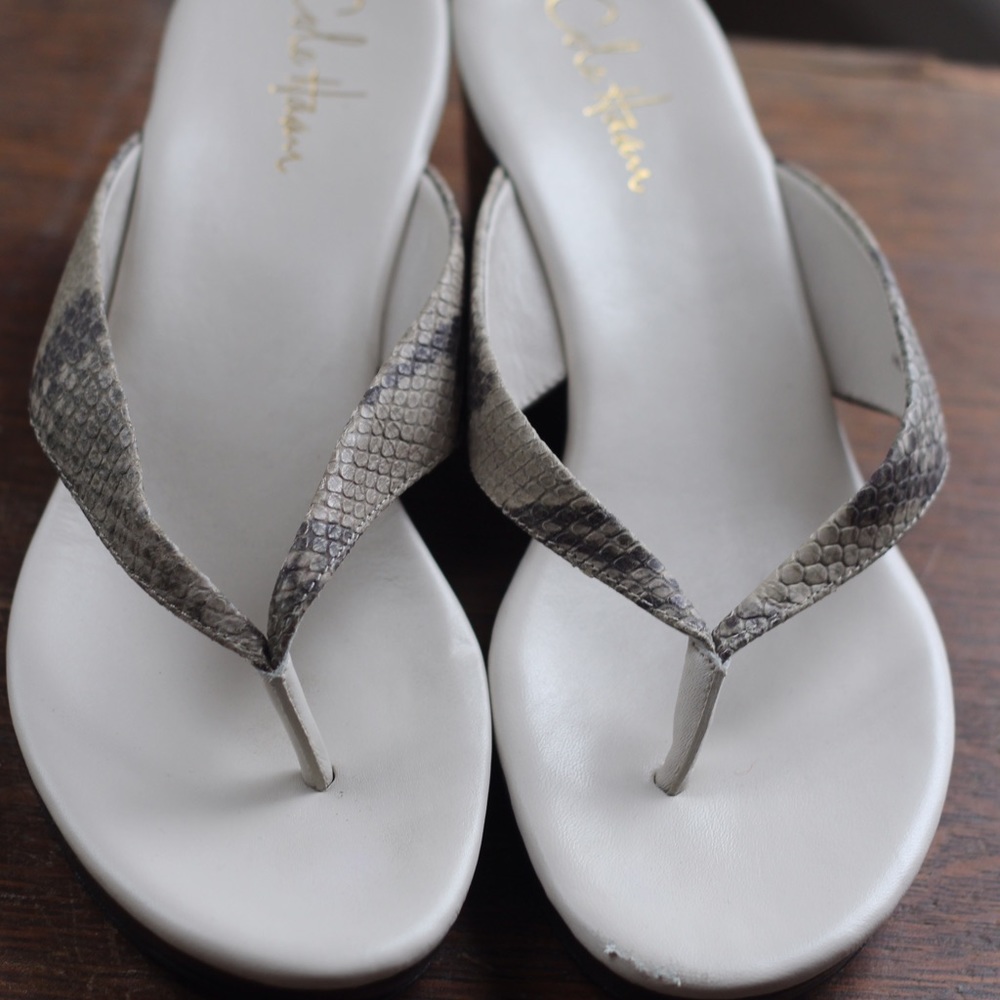 Cole Haan snake skin style wedge thong sandals