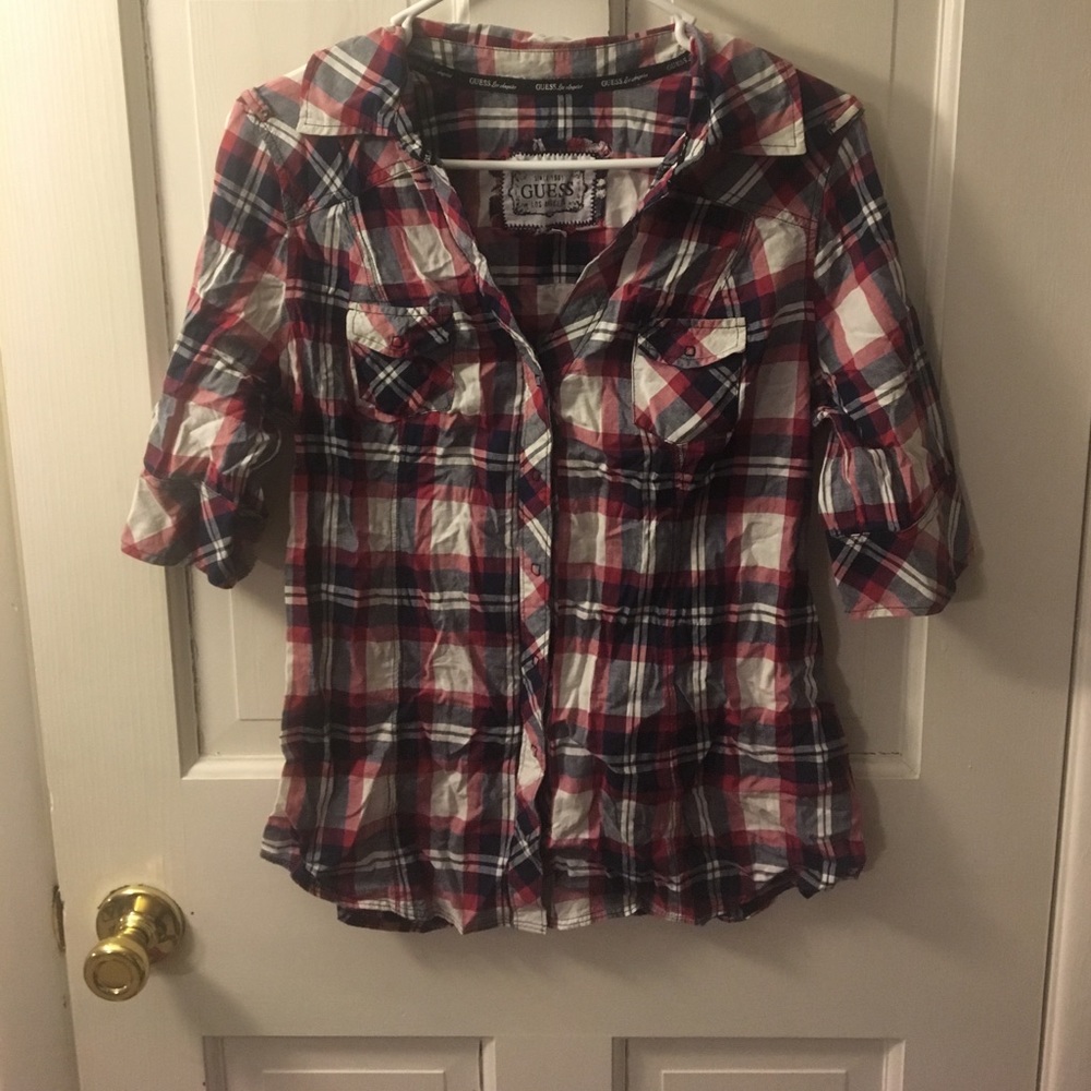 Red white and blue plaid guess shirt