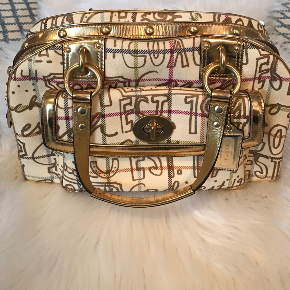 Authentic Coach gold/multi-color graffiti satchel