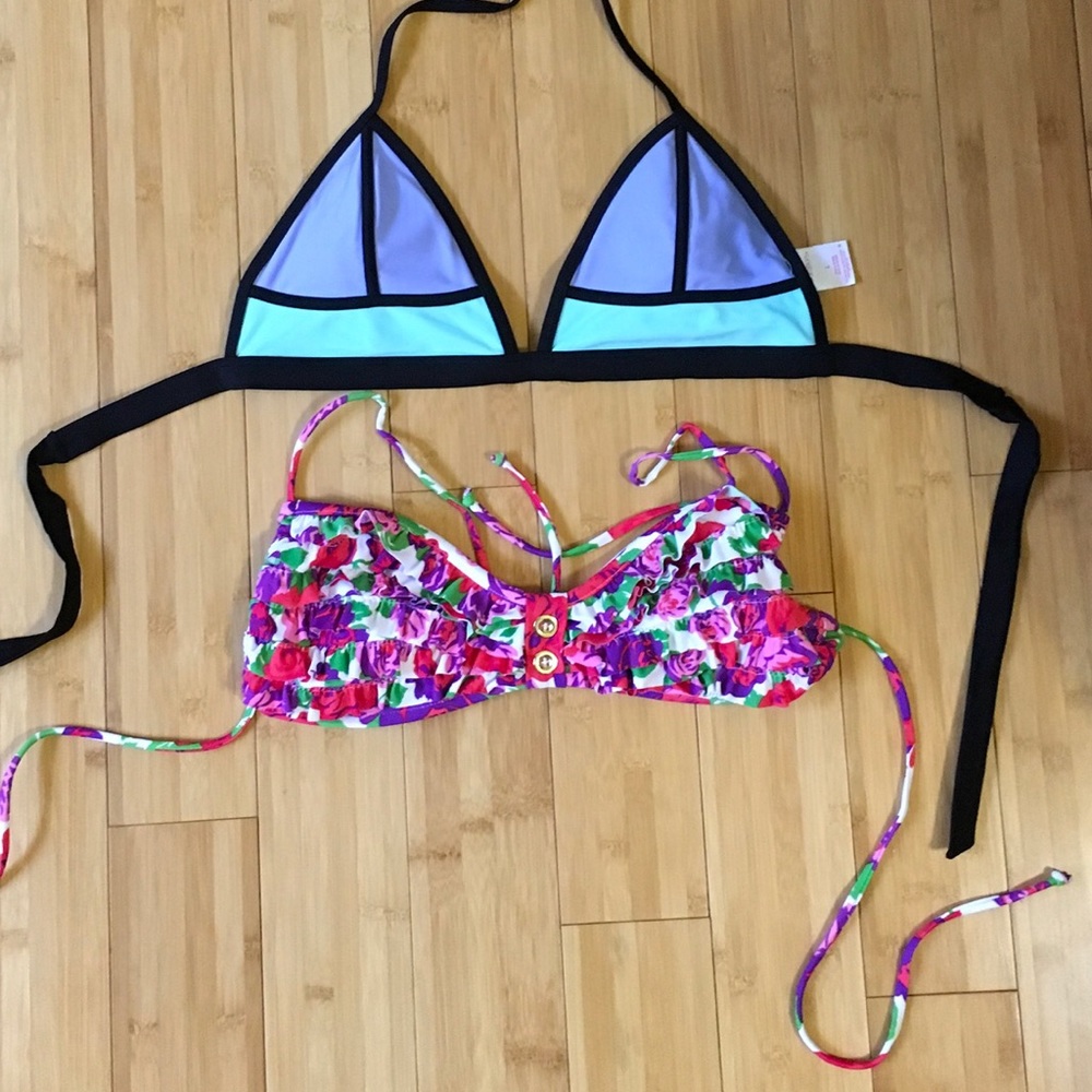 Two multi color bikini tops