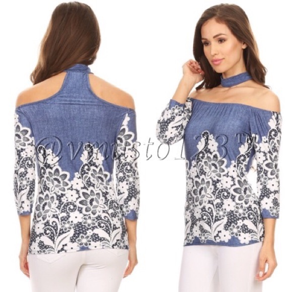 Denim Print / White Embroidered Top - Picture 2 of 3