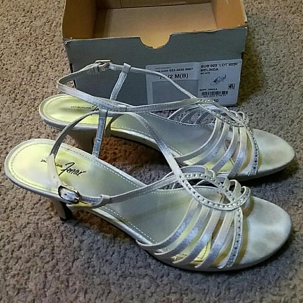 Silver strappy heels with sparkle.  Prom, wedding