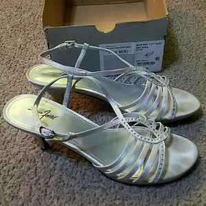 Silver strappy heels with sparkle.  Prom, wedding