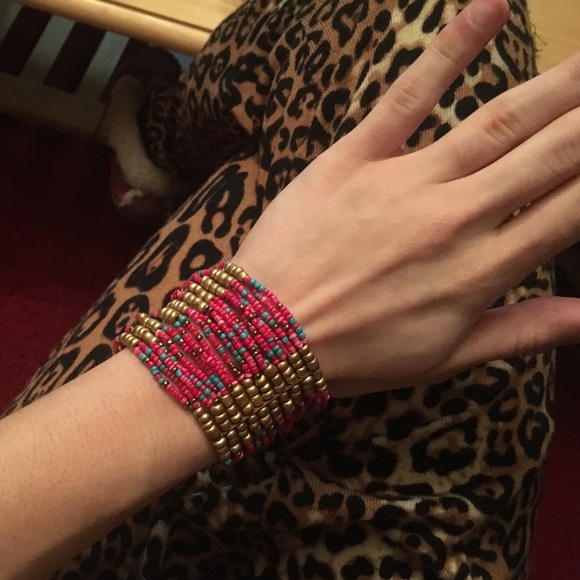 Gold, pink and blue elastic bracelet - Picture 2 of 3