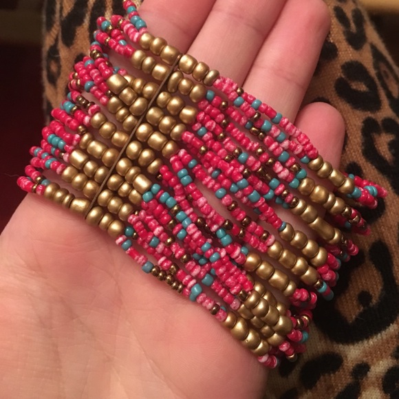 Gold, pink and blue elastic bracelet - Picture 3 of 3