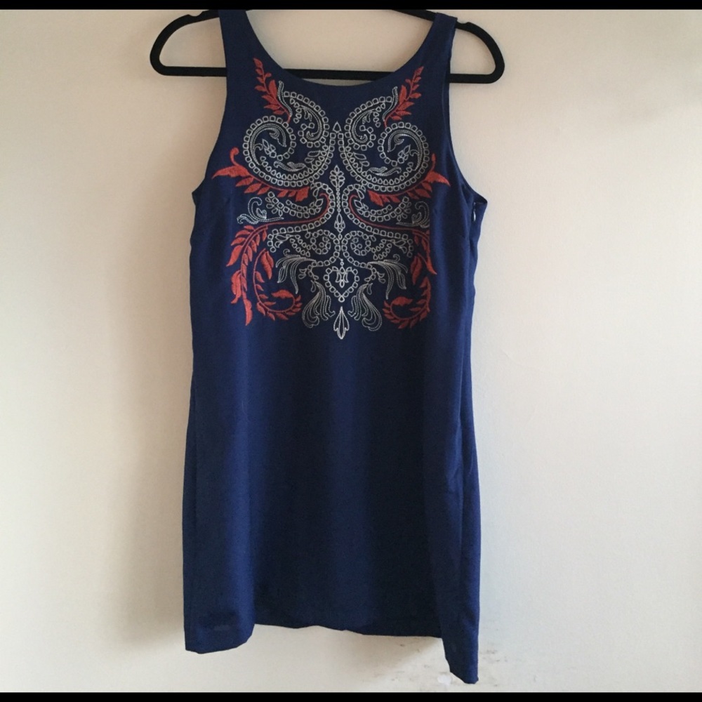 Navy embroidered dress with deep V in back