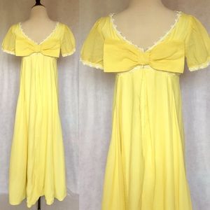 Vtg 60s XS S Yellow Dot Empire Bow Maxi Dress