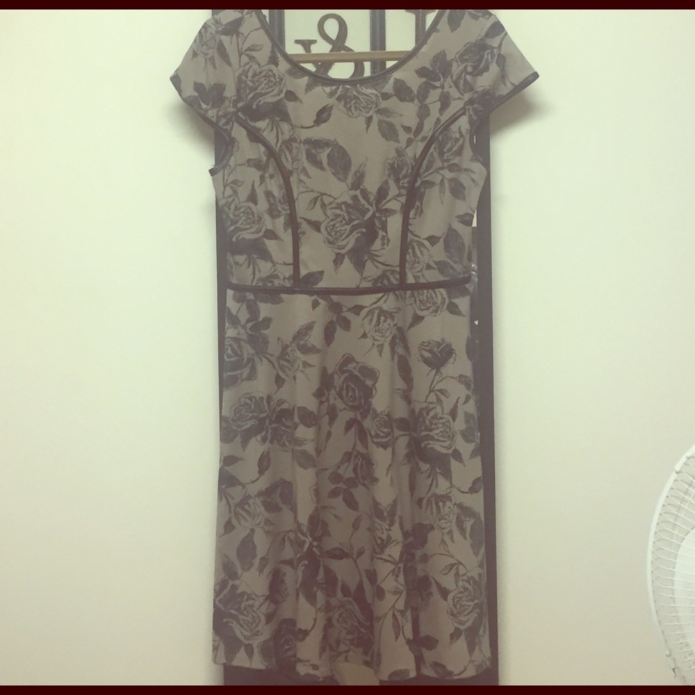 Tan dress w/ black floral and leather details