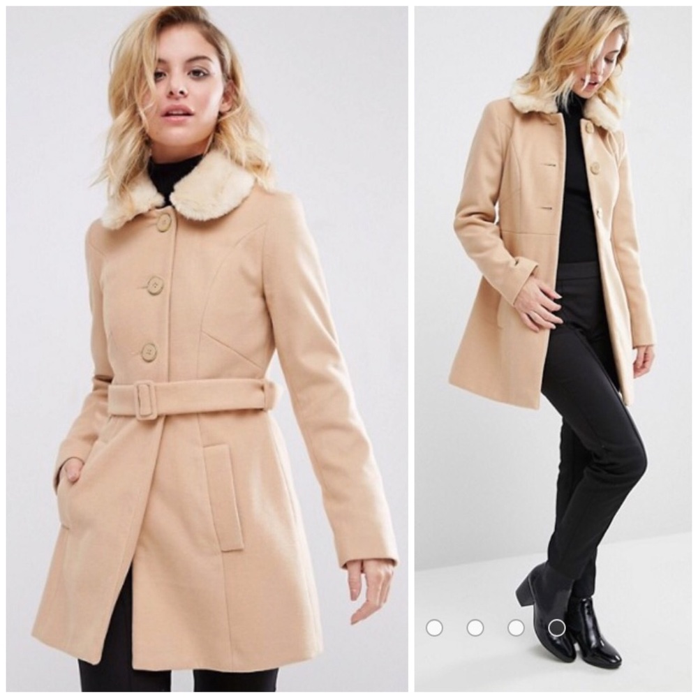 Miss Selfridge Petite Faux Fur Collar Coat Camel
