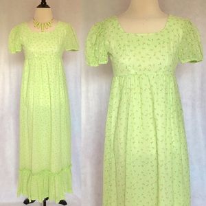 60s XXS XS Pastel Green Floral Empire Maxi Dress