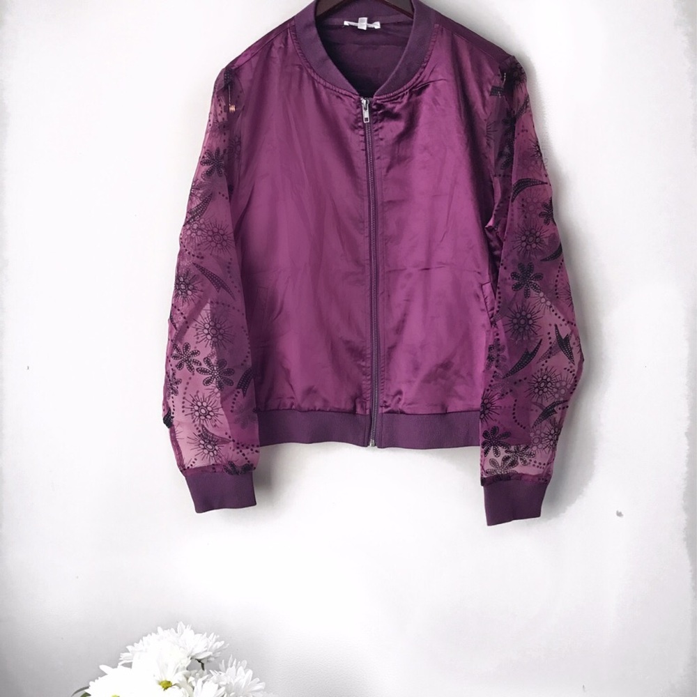 Satin Bomber Jacket with Sheer Sleeves