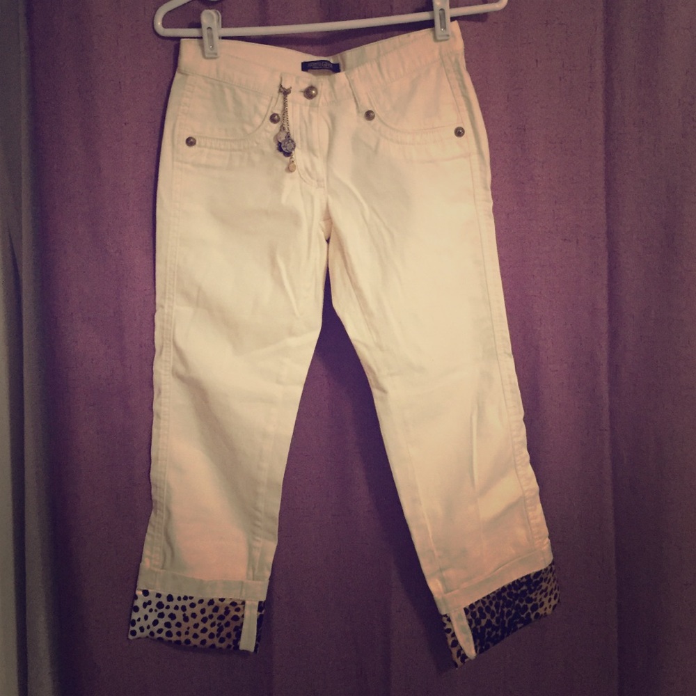Roberto Cavalli Cream Pants w/ Cheetah Print Cuffs
