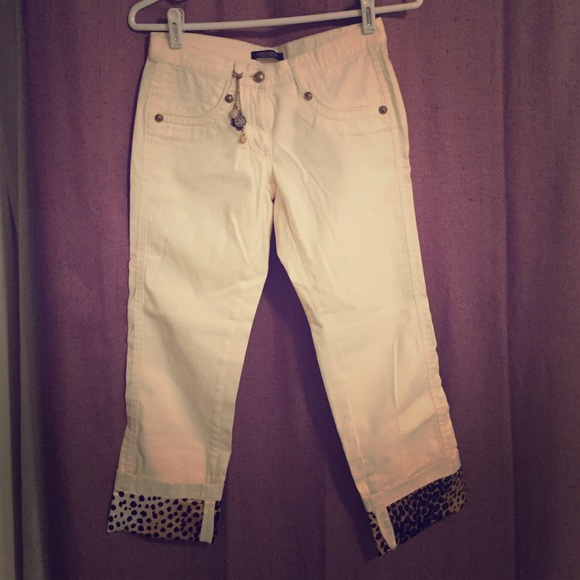 Roberto Cavalli Cream Pants w/ Cheetah Print Cuffs - Picture 1 of 4