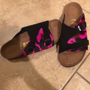 Calf hair hot pink camo birkenstocks