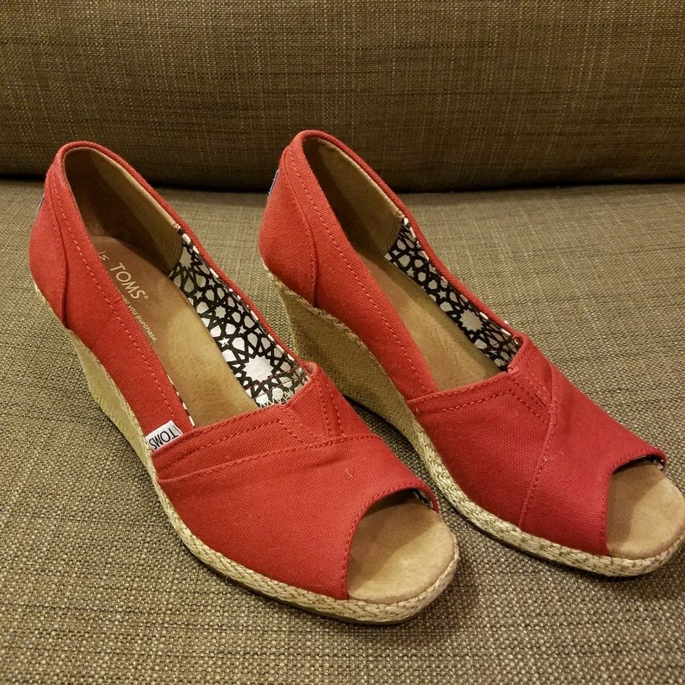 Toms Red Canvas Wedge Heels