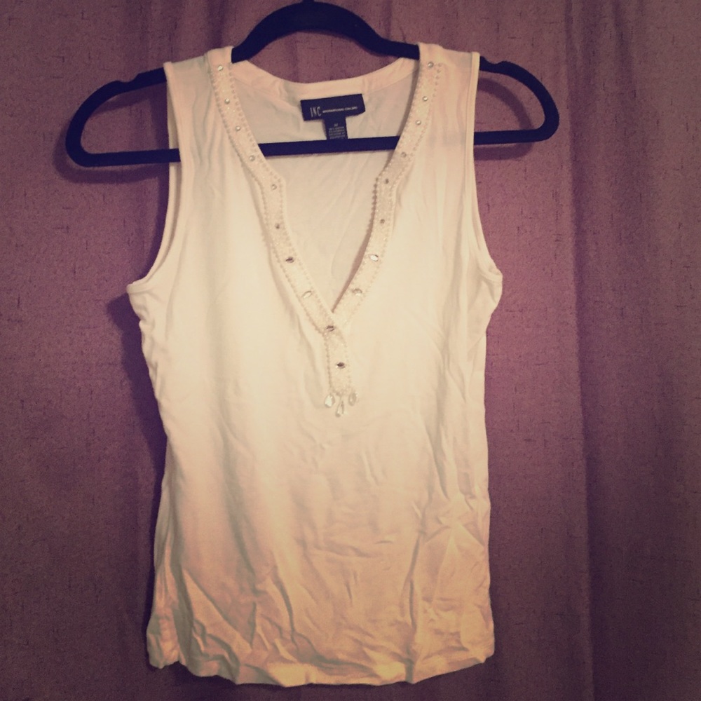 INC White Tank with Pearl and Rhinestone