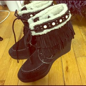 Sam Edelman Black "Kemper" Fringe Wedge Booties