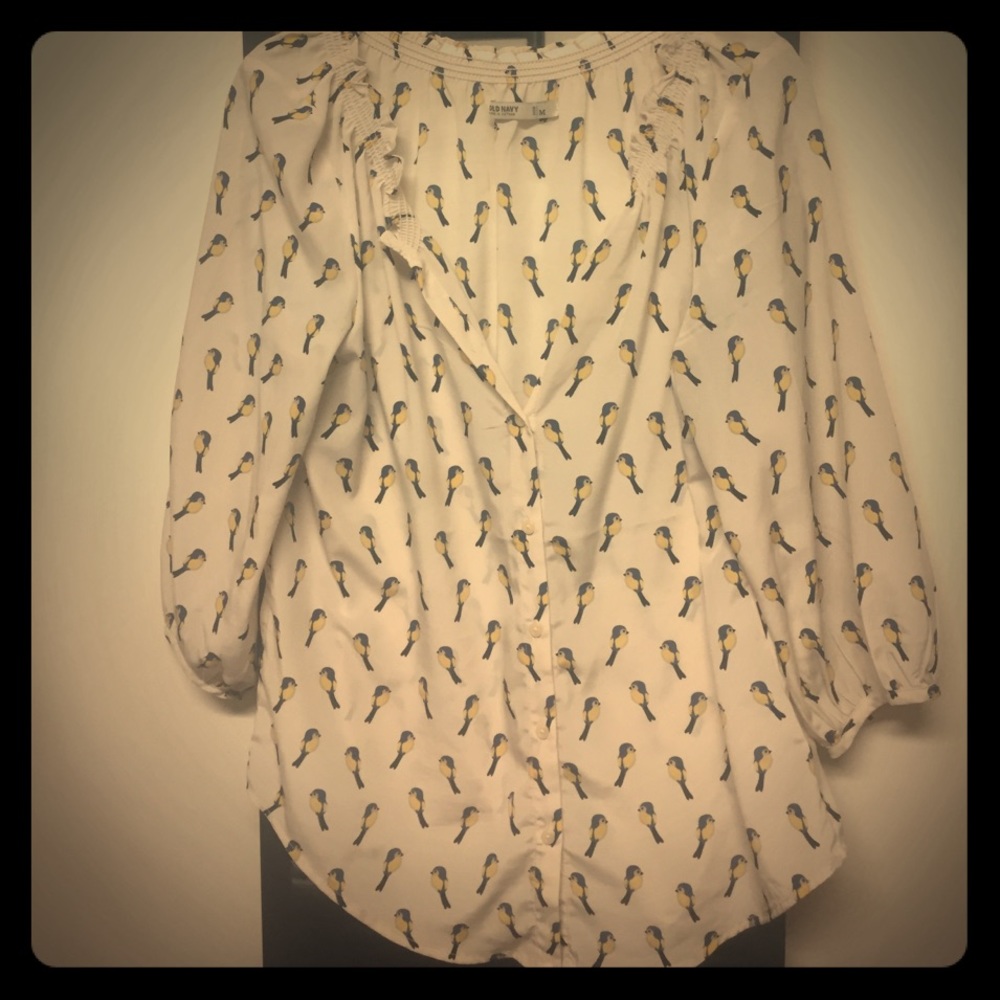 Old Navy cream blouse w/ blue & yellow birds
