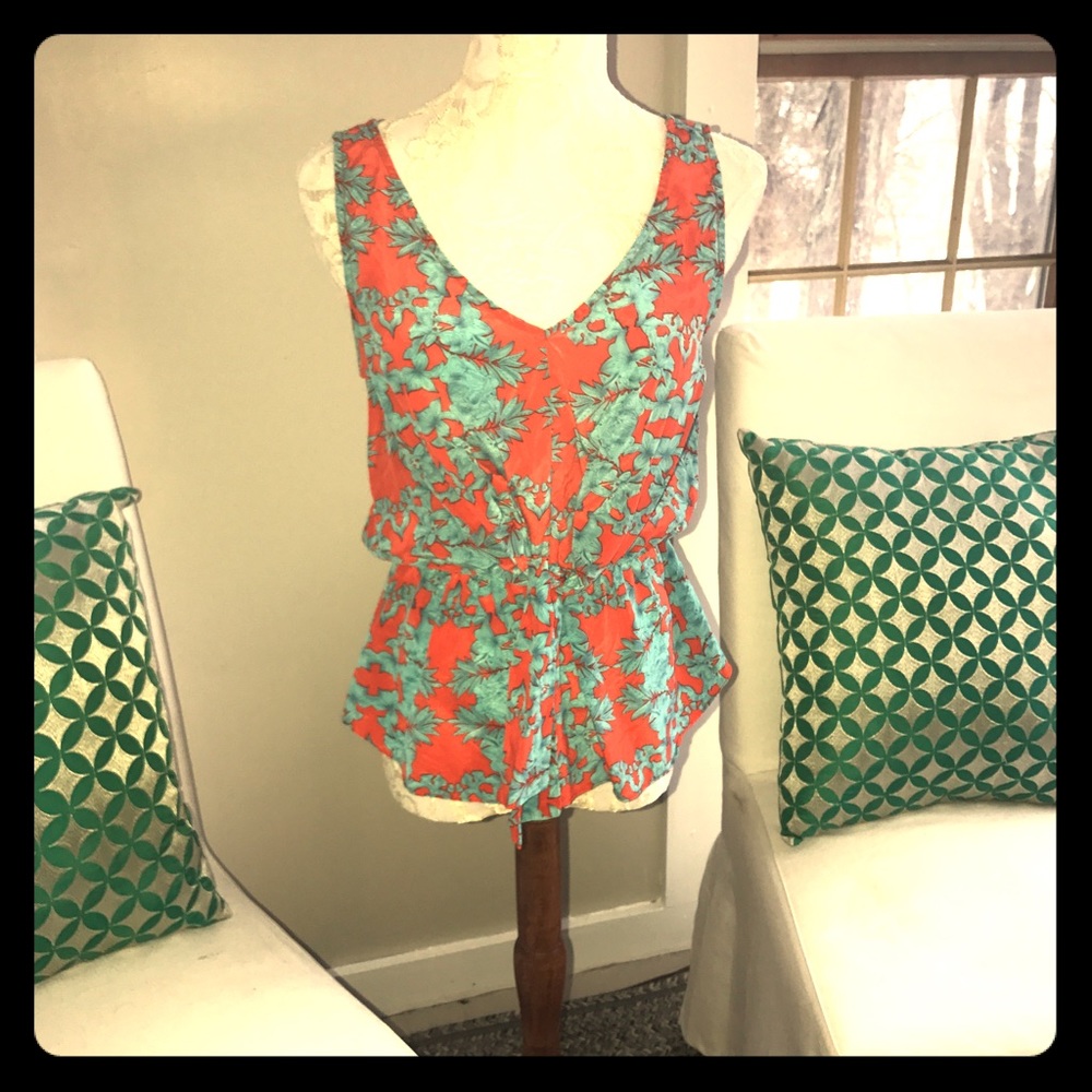 Myne 100% Silk Top. Turquoise and Red Size S