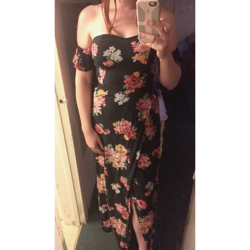Off the shoulder black floral maxi dress