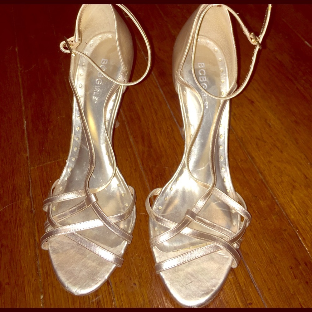 Gold strappy heels, BCBGirls