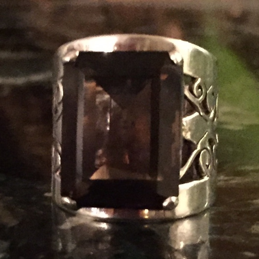Sterling Emerald Cut Smoky Topaz Filigree Ring