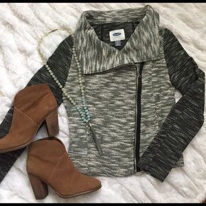Black and gray jacket with asymmetrical zipper