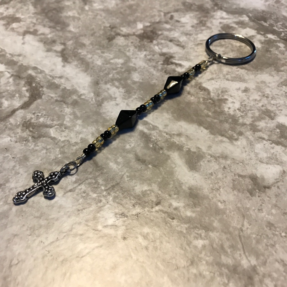 SALE. Handmade Black/Gold Seed Bead Cross Keychain
