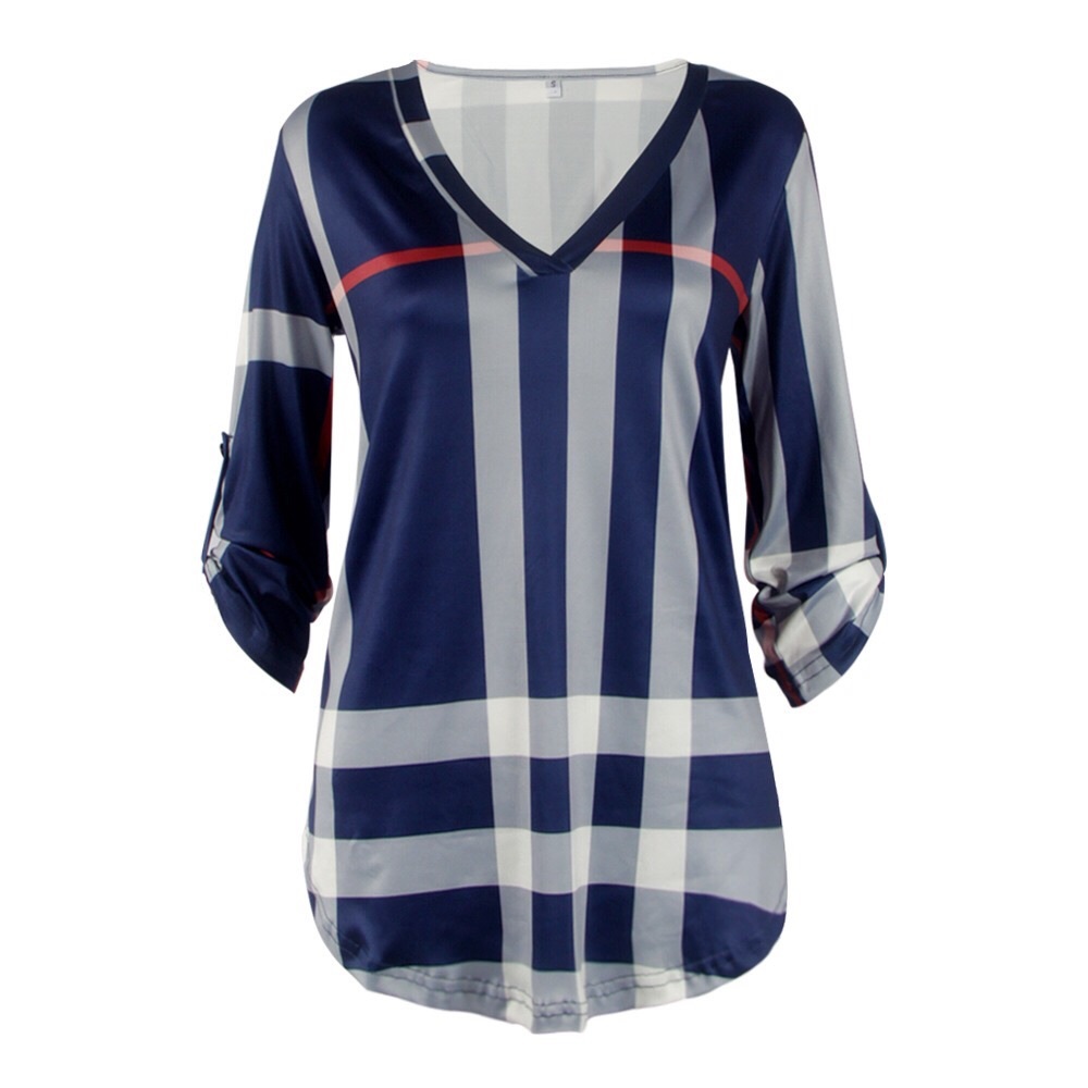 Blue plaid v-neck shirt - Picture 2 of 4