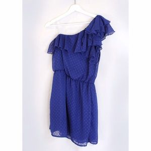 Blue pin dot off the shoulder dress.