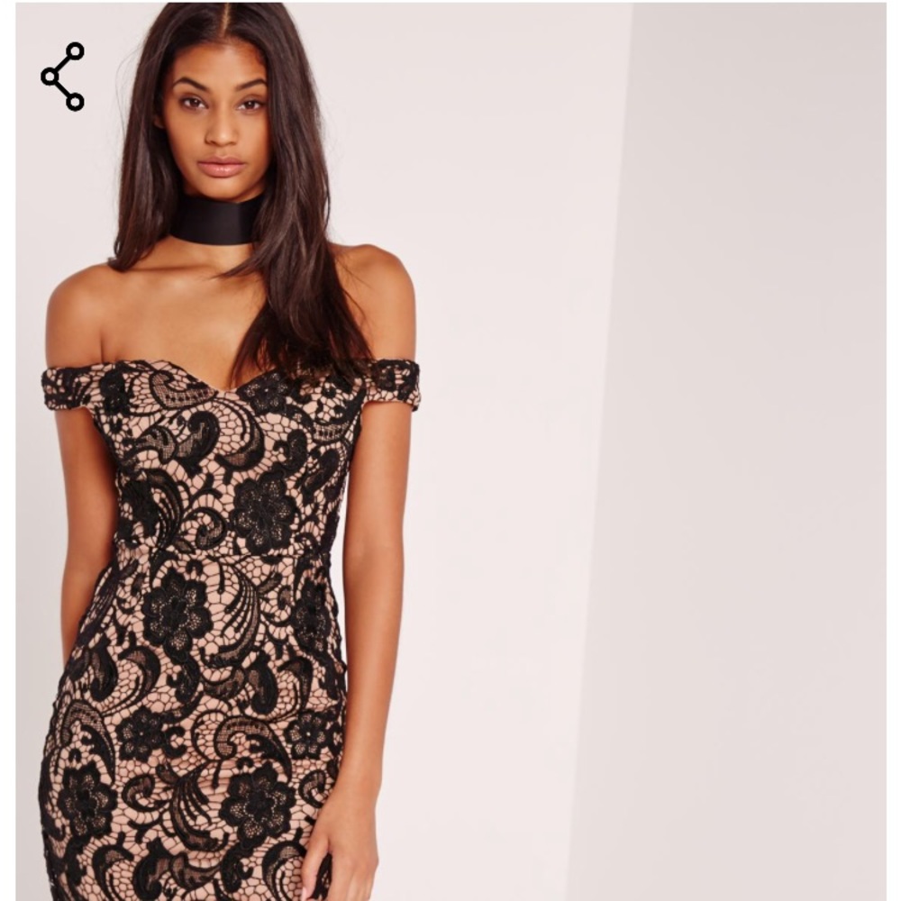 Black Bardot lace midi dress