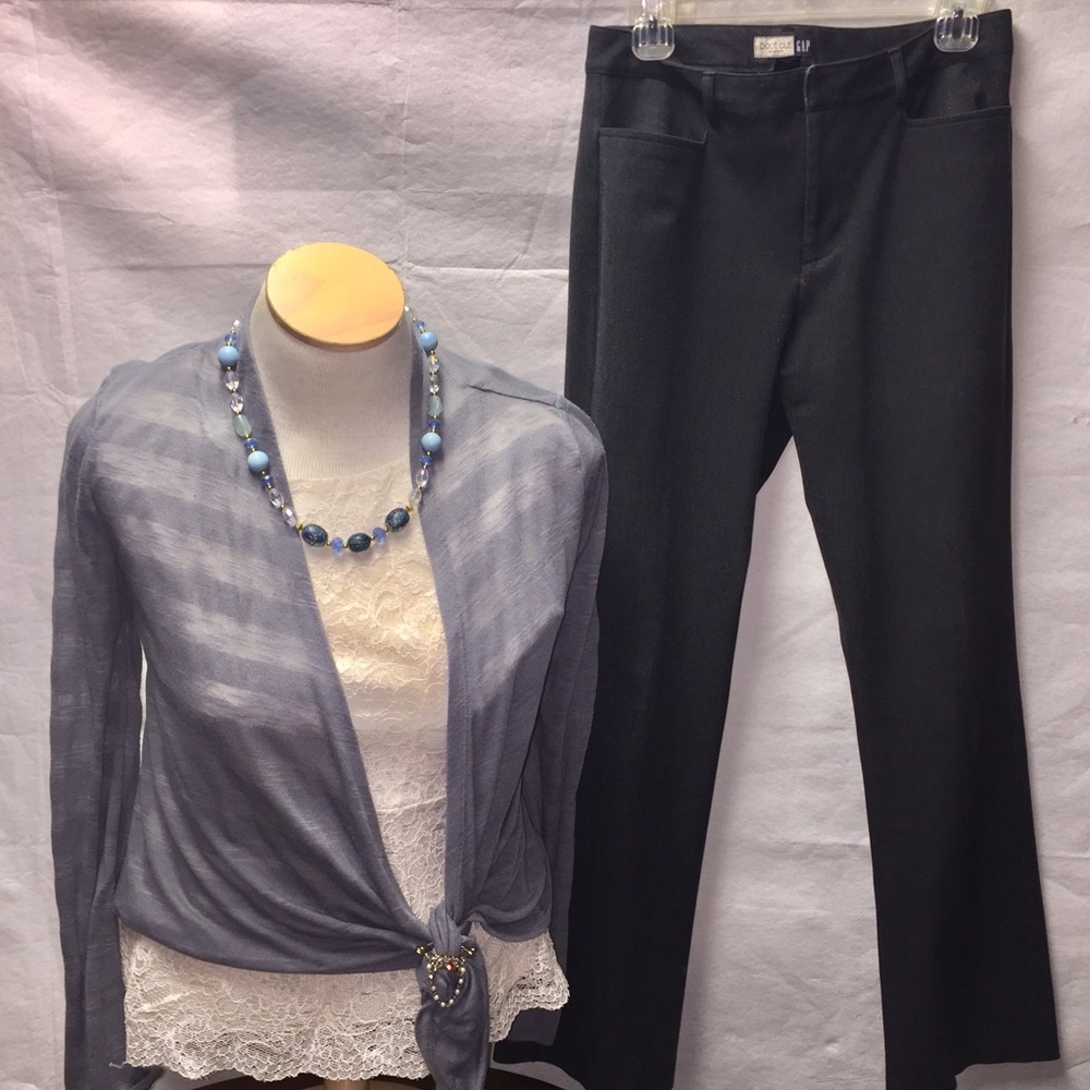 3pc. Set dark grey pants, white lace top & jacket