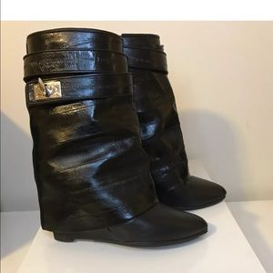 Givenchy Black Eel Shark Lock Fold Over Boots 36.5