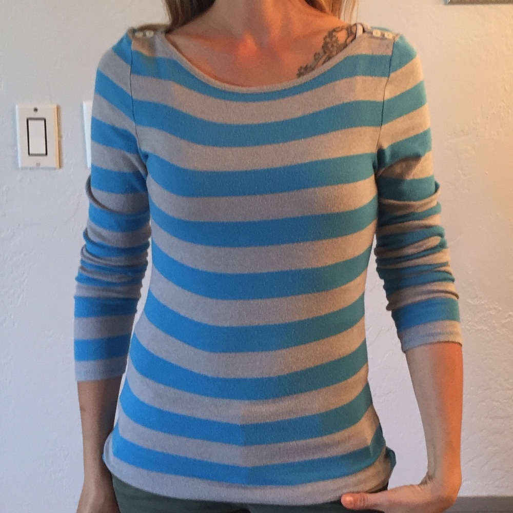Long sleeve gray and blue striped shirt