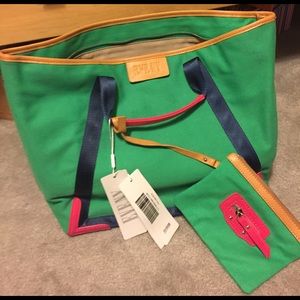 Canvas bag with wristlet.